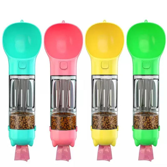 3-in-1 bottle for dogs and cats with compartments for food, water, and waste bags with a shovel.