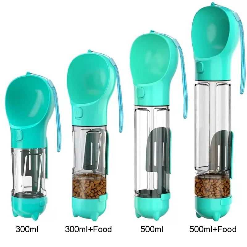 3-in-1 bottle for dogs and cats with compartments for food, water, and waste bags with a shovel.