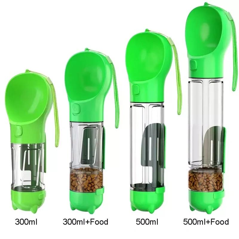 3-in-1 bottle for dogs and cats with compartments for food, water, and waste bags with a shovel.