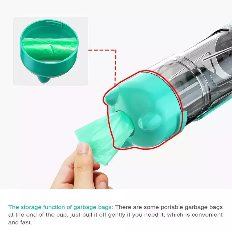 3-in-1 bottle for dogs and cats with compartments for food, water, and waste bags with a shovel.