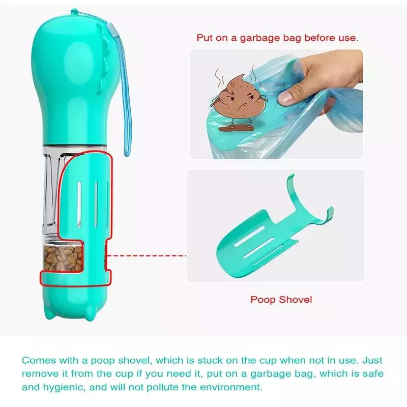 3-in-1 bottle for dogs and cats with compartments for food, water, and waste bags with a shovel.