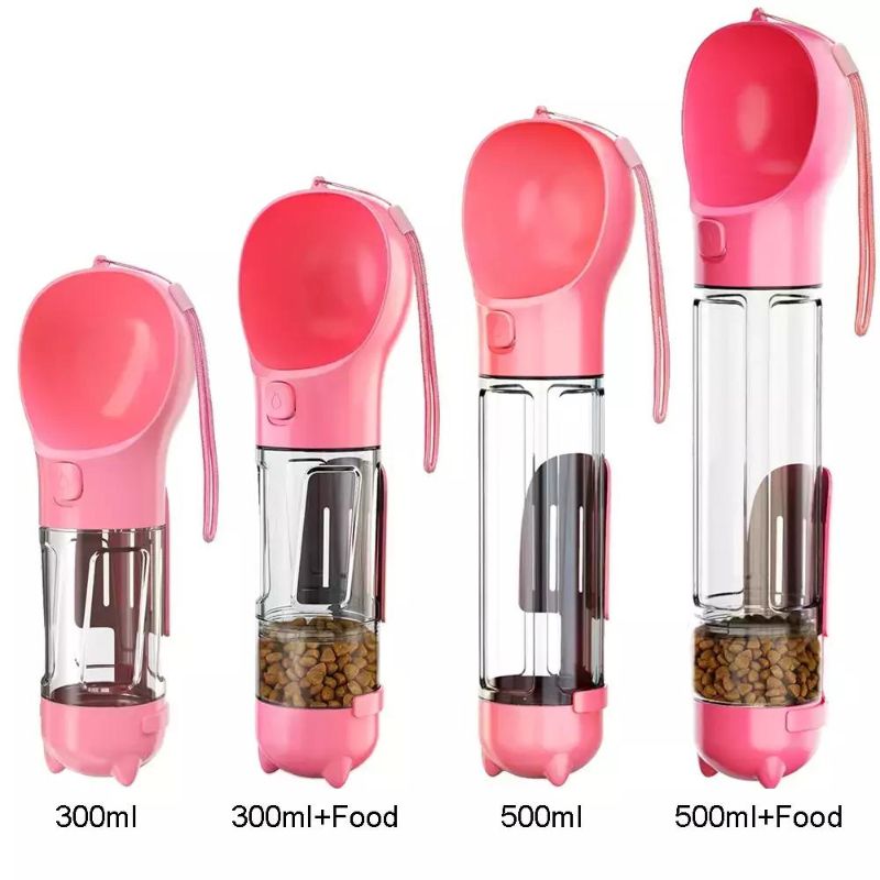 3-in-1 bottle for dogs and cats with compartments for food, water, and waste bags with a shovel.