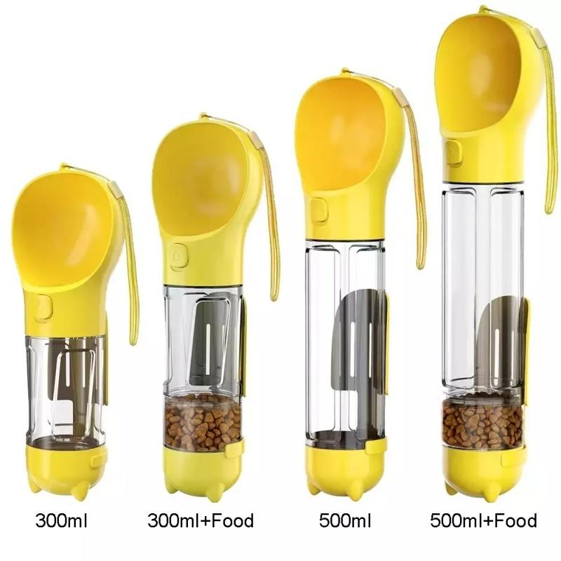 3-in-1 bottle for dogs and cats with compartments for food, water, and waste bags with a shovel.