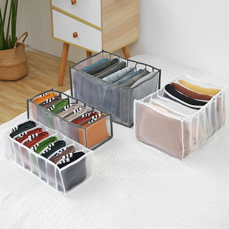 Pants and clothes storage box with partitions, designed for organizing wardrobe drawers and maximizing space efficiency.